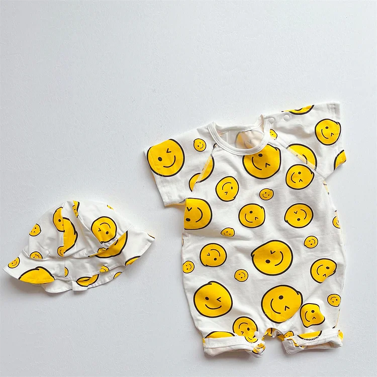 Baby Boy/Girl Allover Smiling Face Print Romper with Hat