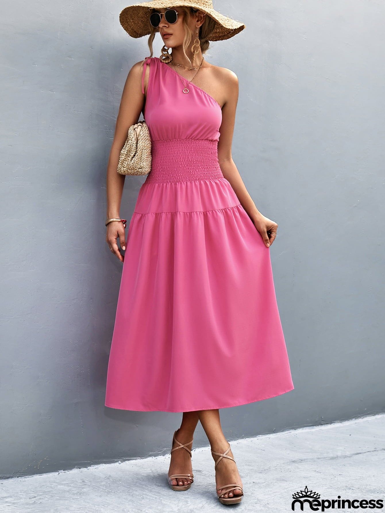 Asymmetrical One Shoulder Smocked Waist Midi Dress