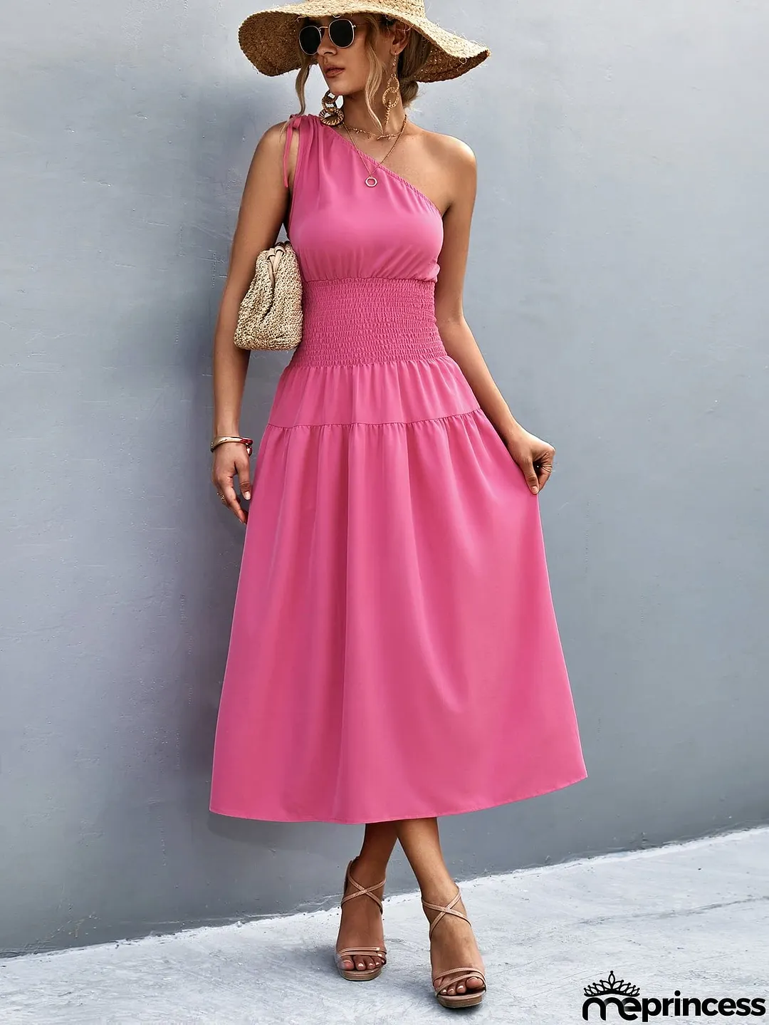 Asymmetrical One Shoulder Smocked Waist Midi Dress
