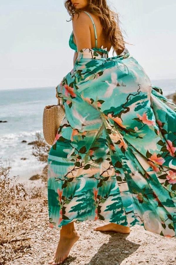Women Smart Sweet Baggy Crane Print Long Swimsuit Blouse-Allyzone-Allyzone