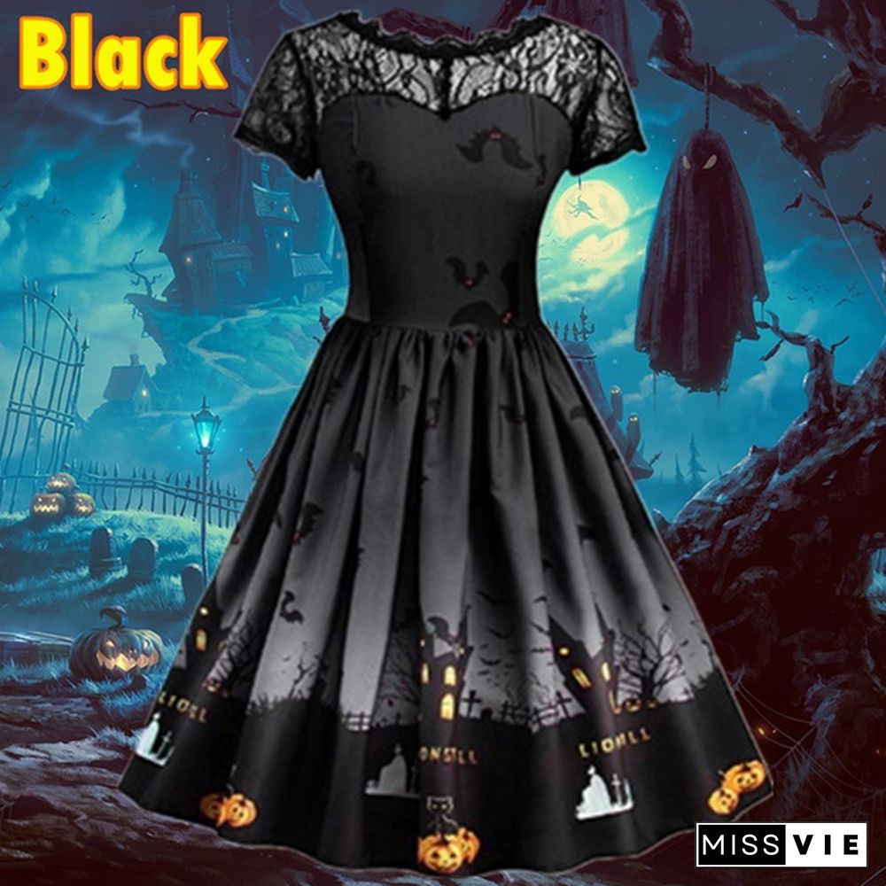 7 Colors Women Fashion Pumpkin Snowflake Print Dress Short Sleeve Lace Dress Christmas Halloween Costume Knee Length Party Dresses
