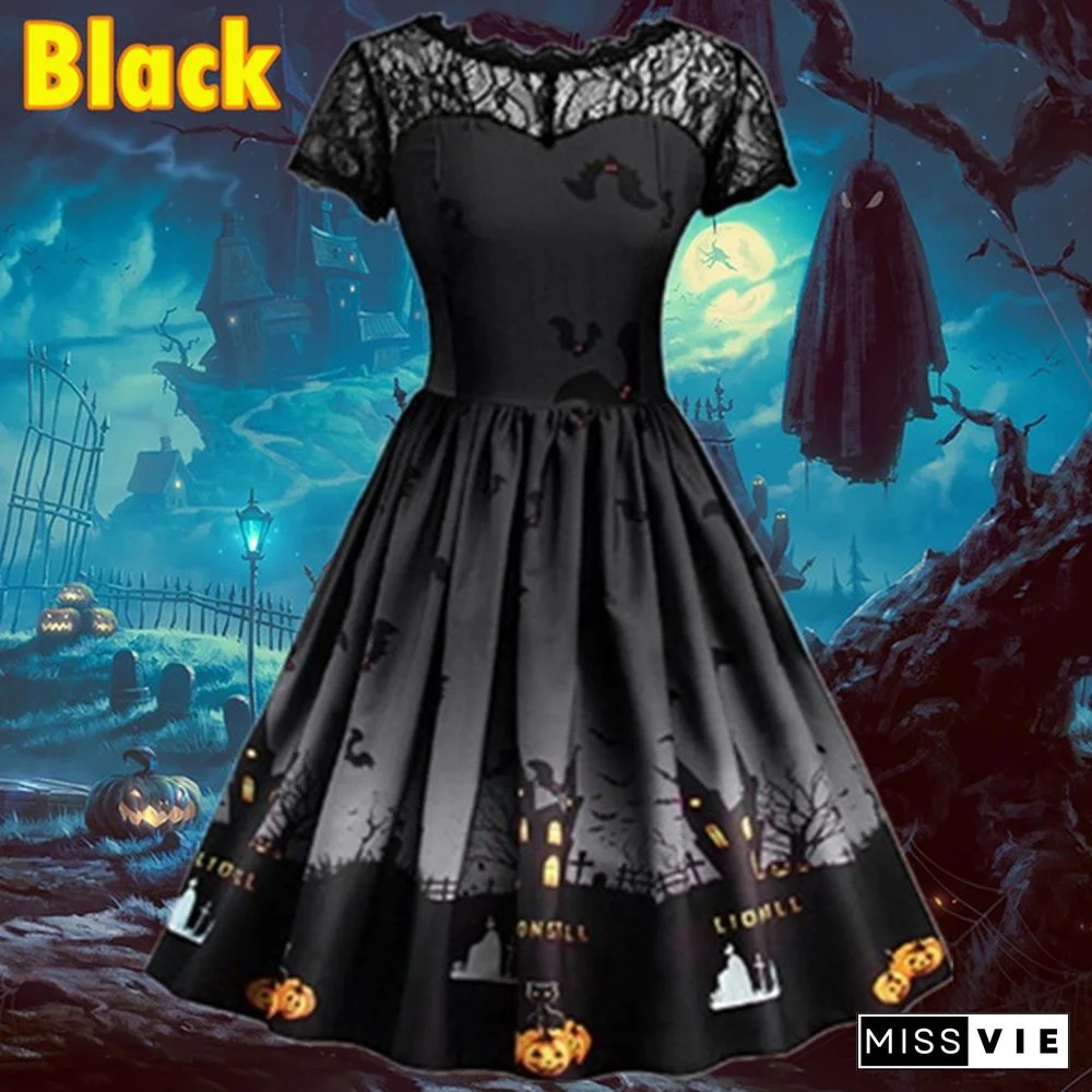 7 Colors Women Fashion Pumpkin Snowflake Print Dress Short Sleeve Lace Dress Christmas Halloween Costume Knee Length Party Dresses