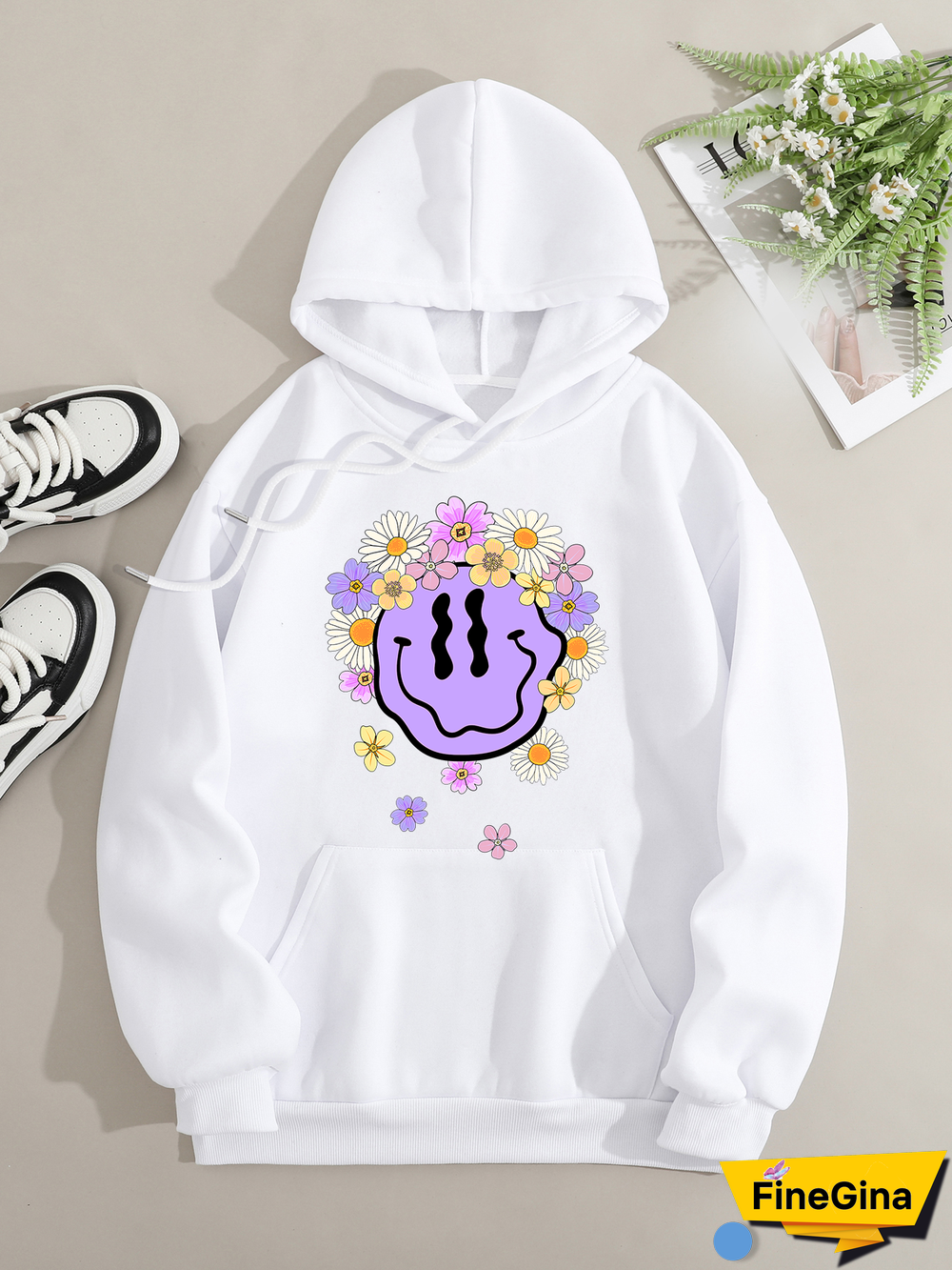 Printed on front Kangaroo Pocket Hoodie Long Sleeve for Women Pattern hippie smile face