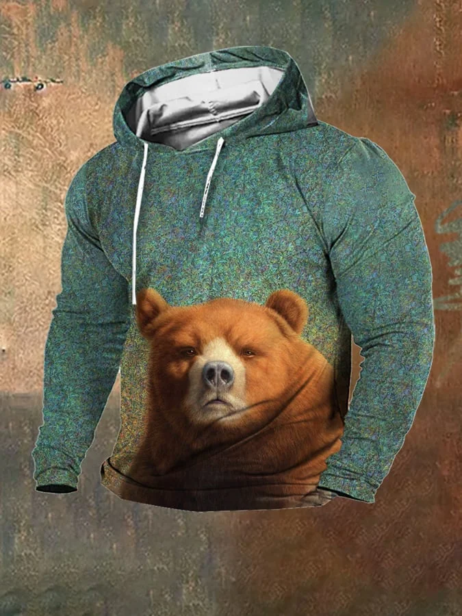 Men's Fleece Retro Funny Animal Bear Print Hooded Sweatshirt
