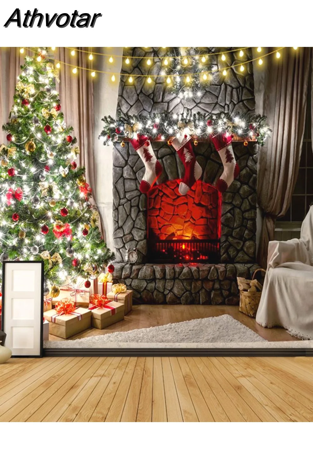Athvotar Happy New Year Tapestry Christmas Fireplace Wall Hanging Cloth Home Background Bedroom Bedside Decorative Xmas Tree Tapiz