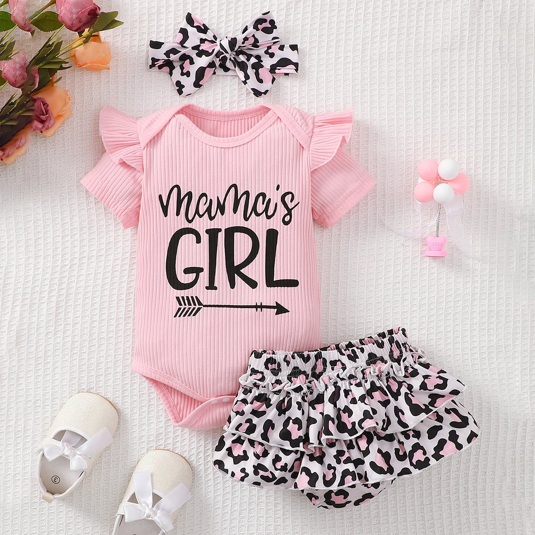 3PCS Mama' Girl Letter Leopard Printed Baby Set