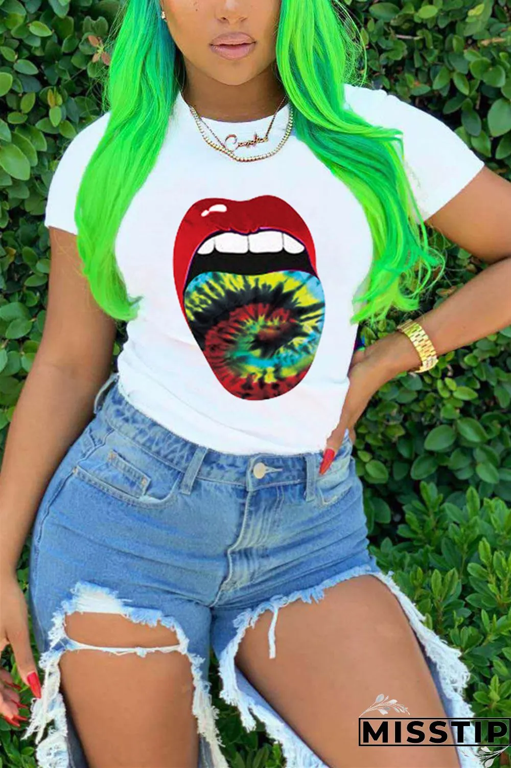 Green Fashion Lips Print Short Sleeve T-shirt