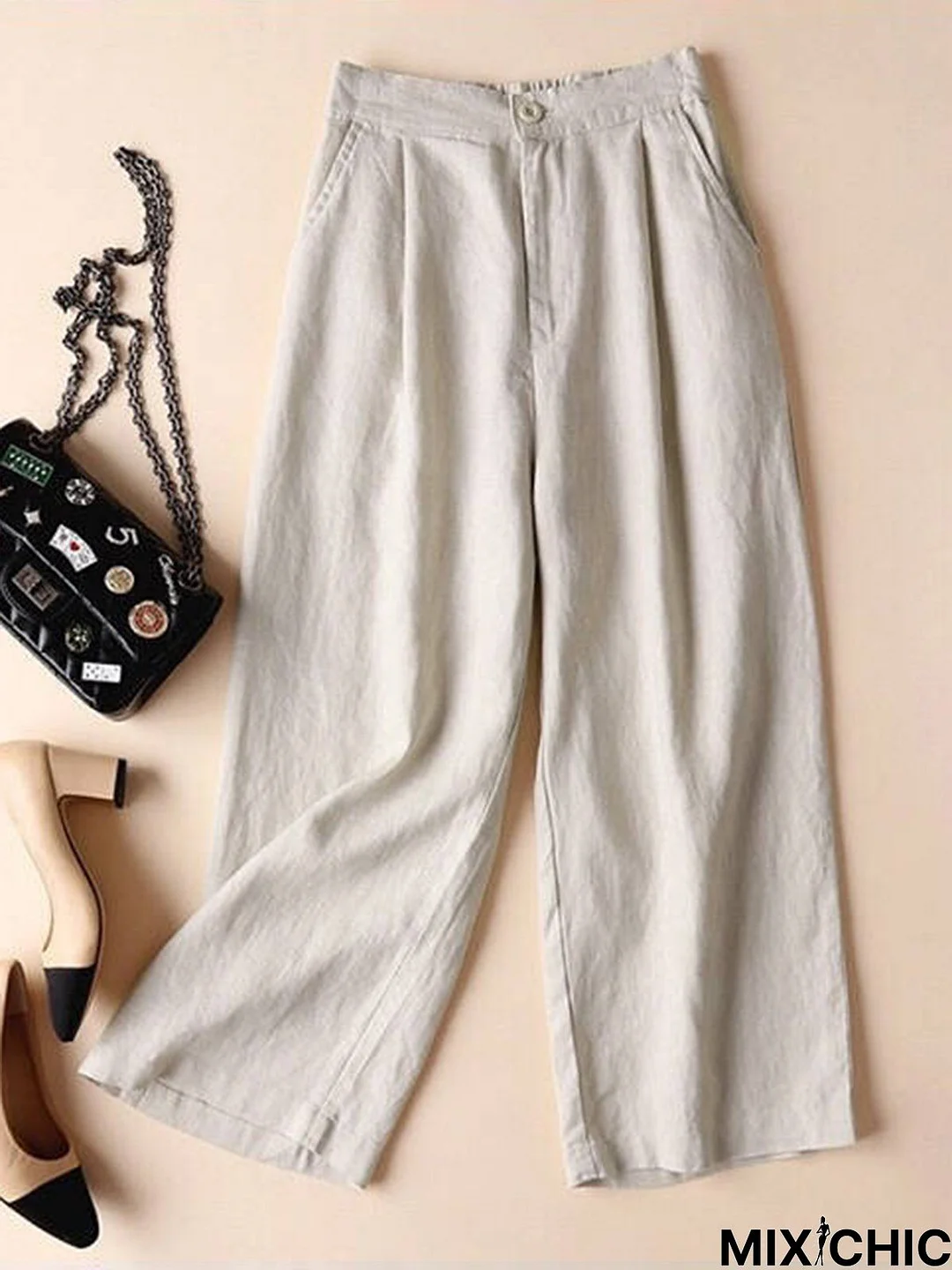 Women Linen Casual Pants Solid  Pockets Elastic Straight Pants