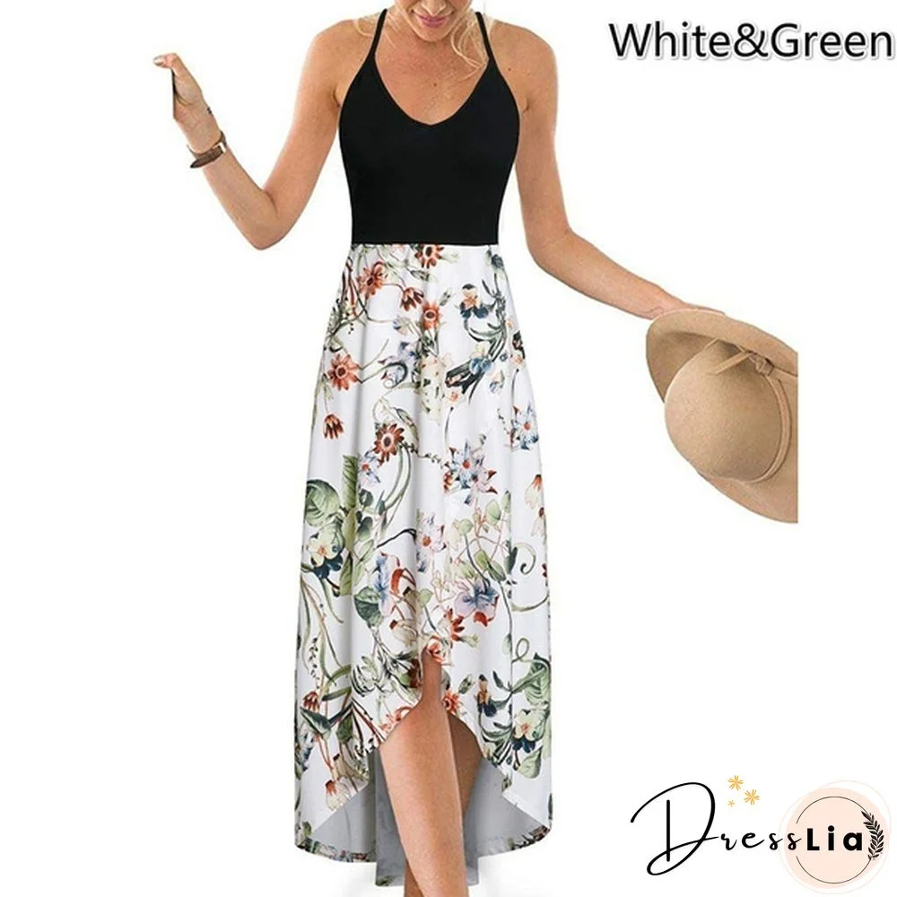 Women&rsquo;s Fashion Summer Casual Floral Printed V-Neck Sling Dress High Waist Big Swing Dress Backless Dress