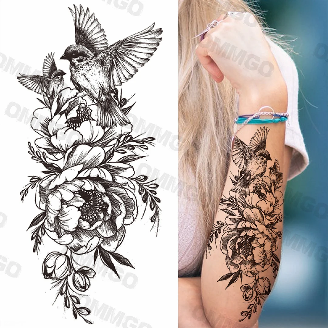 Sdrawing Rose Flower Skeleton Temporary Tattoos For Women Adult Girl Lion Tiger Crown Fake Tattoo Body Art Painting Tatoo Decal