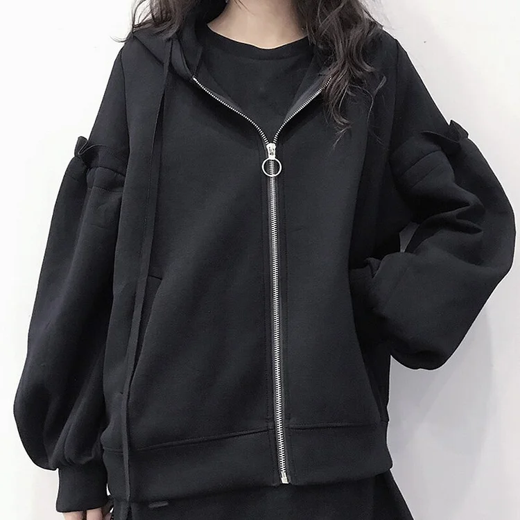 Casual Solid Color Hooded Lantern Sleeve Splicing Ruffled Lacing Zip-up Coat