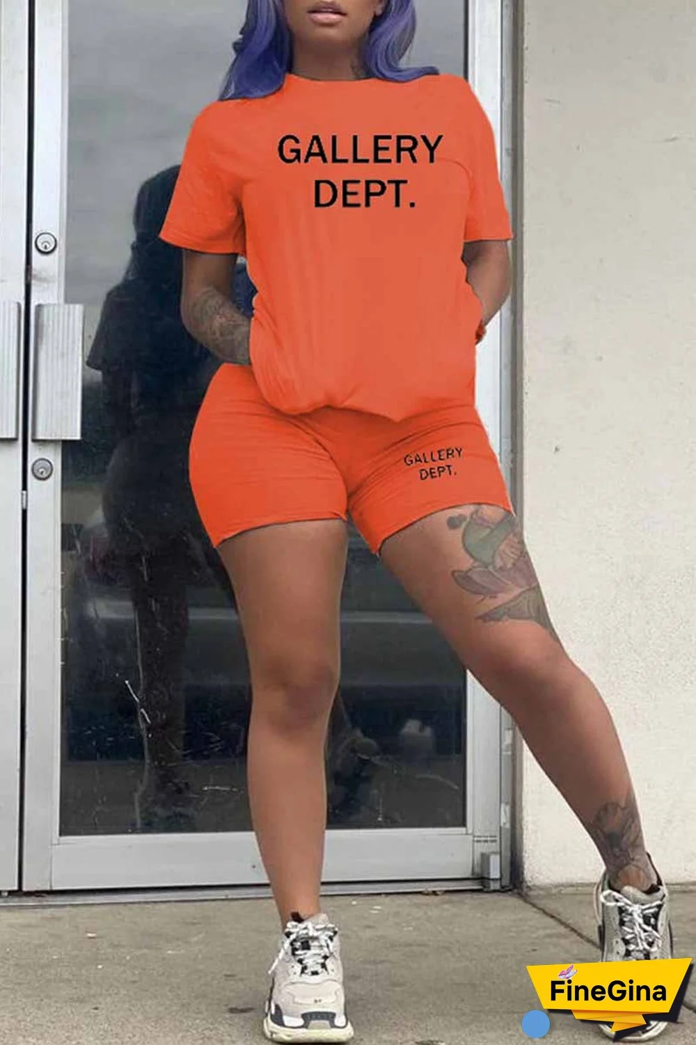 Purple Casual Print Letter O Neck Short Sleeve Two Pieces