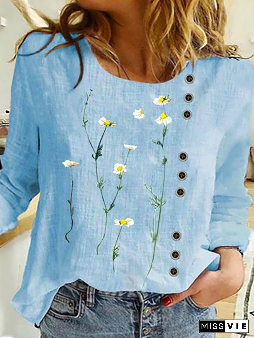 Plus size Casual Floral Long Sleeve Tops