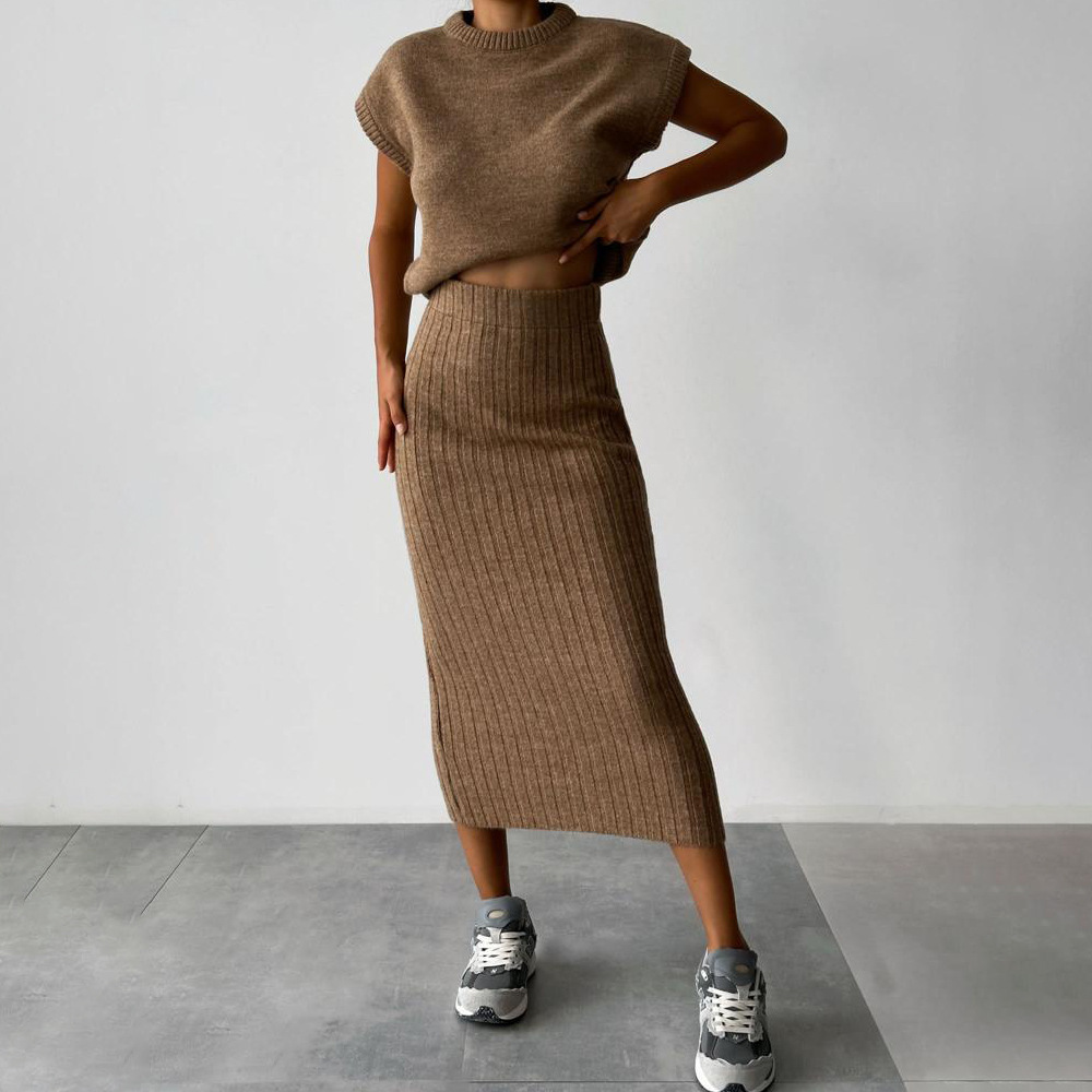 Ootddress Knit Sweater 2 Piece-Set Women Loose Ribbed Sleeveless Pullover And High Waist Long Skirt Outfits Knitwear Women's Sets