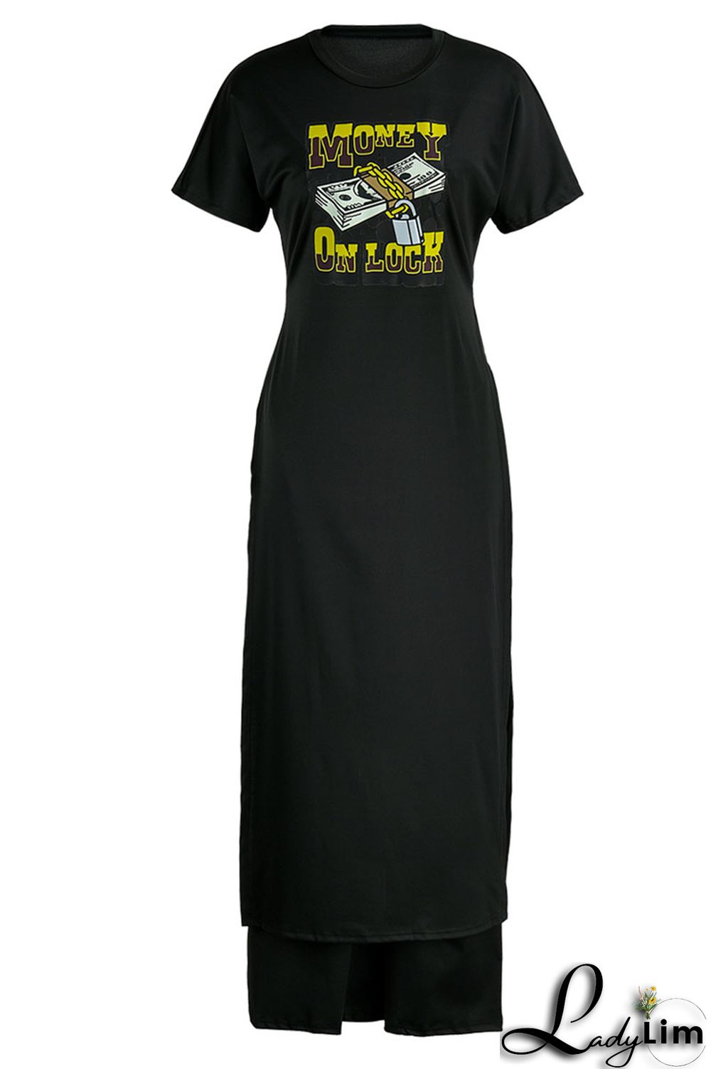 Black Casual Print Patchwork Slit O Neck Short Sleeve Two Pieces