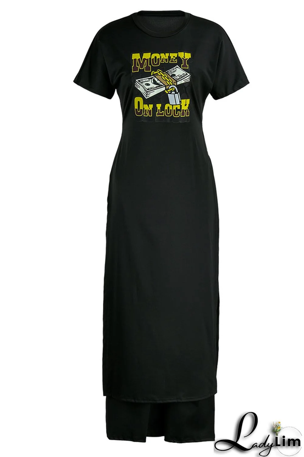 Black Casual Print Patchwork Slit O Neck Short Sleeve Two Pieces