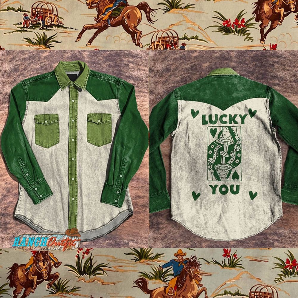 Green Lucky You Vintage Print Casual Shirt Multicolor / S