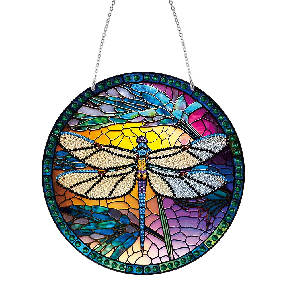 DIY Dragonfly Double-Sided Acrylic Diamond Stained Glass Hanging Pendant for Home Wall Decor