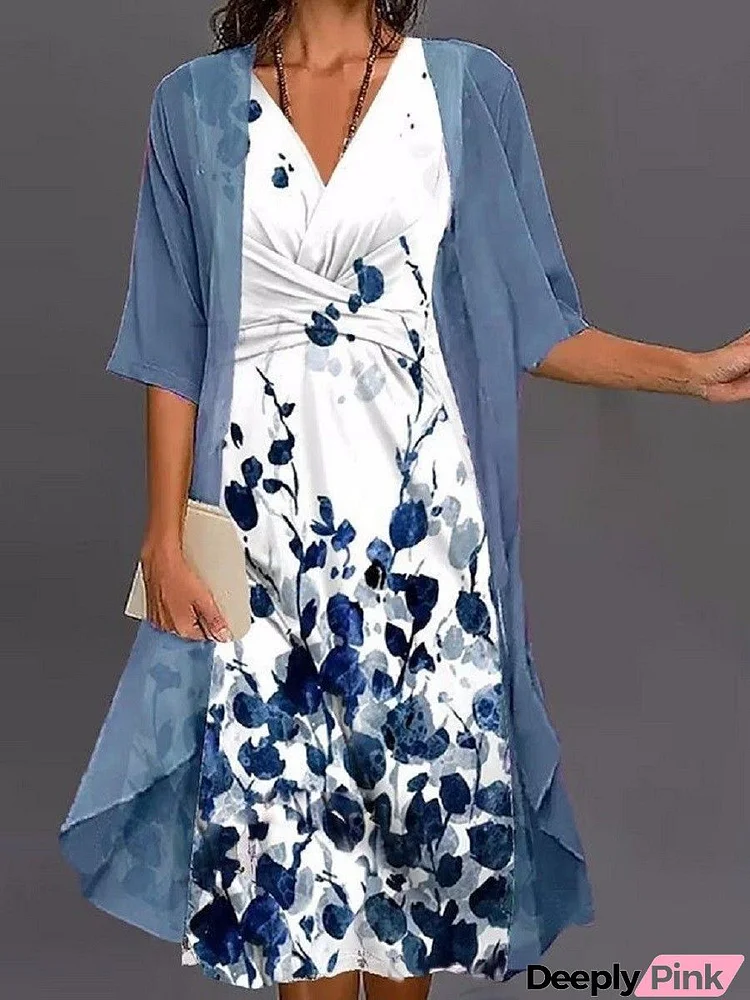Floral Print V Neck Casual Regular Fit Two-Piece Dress
