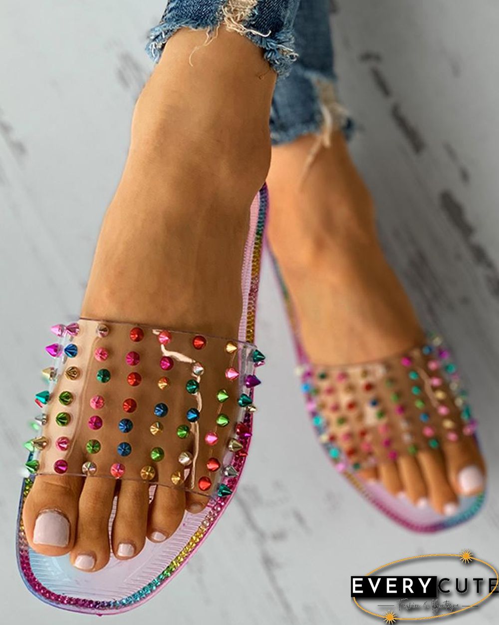 Colorblock Rivet Studded Square Toe Flat Sandals