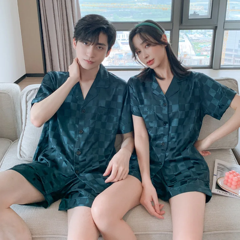 Stolskolb Short-sleeved Shorts Ice Silk Pajamas Men and Silk Satin Pajamas Set Long Sleeved Sleep Women Sleepwear Pijamas Couple Pajamas