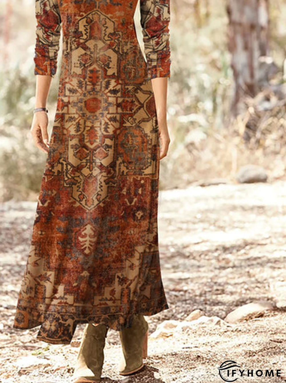 Jersey Ethnic Printed Crew Neck Long Dress | IFYHOME
