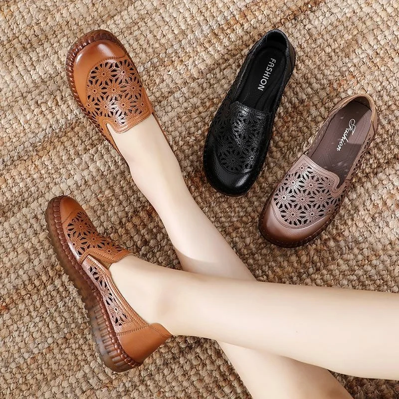 Genuine Leather Round Toe Flats Ladies Shoes for Bunions