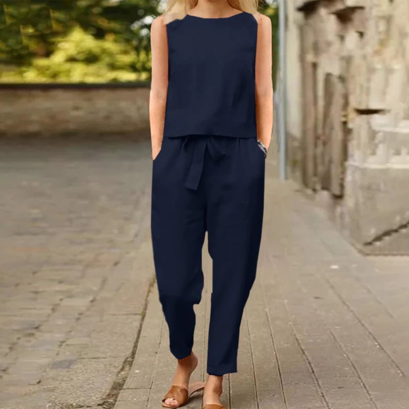 Fongt ZANZEA Women Summer Matching Sets Sleeveless O-Neck Solid Color Blouse Holiday Elegant Casual Side Pockets Loose Trousers Pants