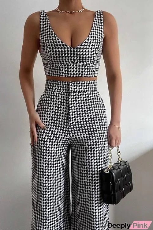 Houndstooth Print Sling Cropped Top With Pants