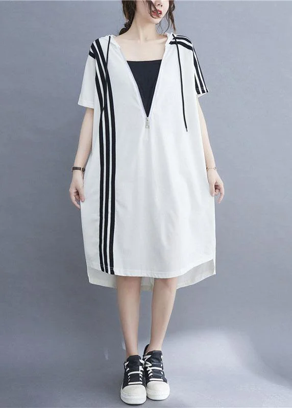 Handmade White hooded zippered Cotton Summer Mid Dress