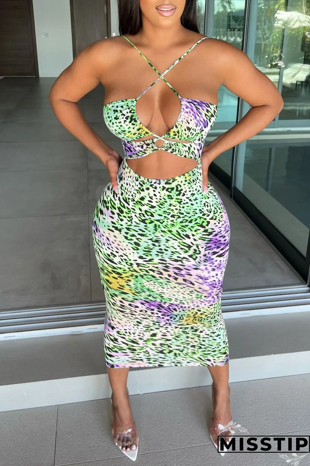 Light Blue Fashion Sexy Print Hollowed Out Backless Spaghetti Strap Sleeveless Dress