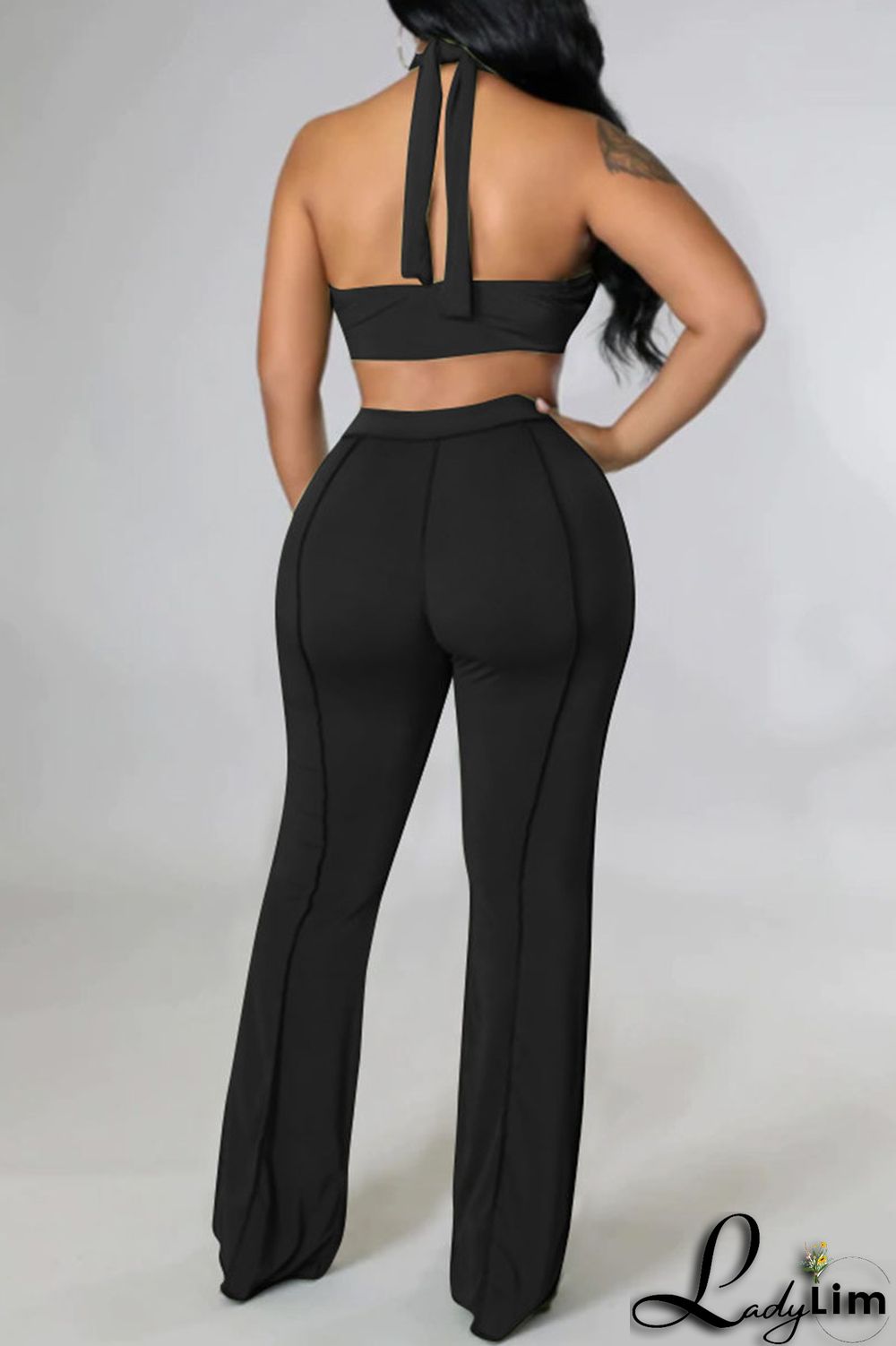 Orange Sexy Lips Printed Backless Asymmetrical Halter Sleeveless Two Pieces