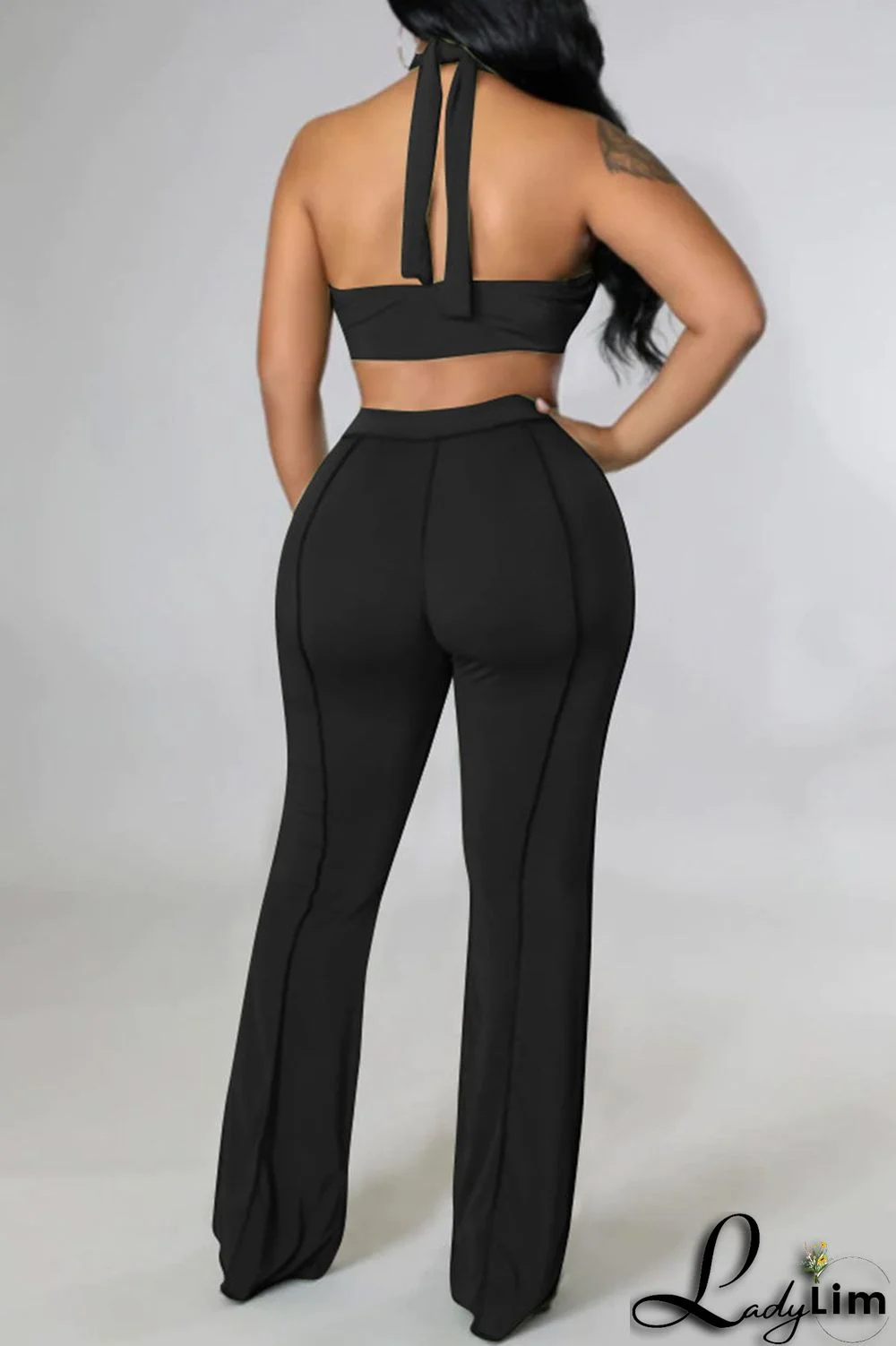 Orange Sexy Lips Printed Backless Asymmetrical Halter Sleeveless Two Pieces