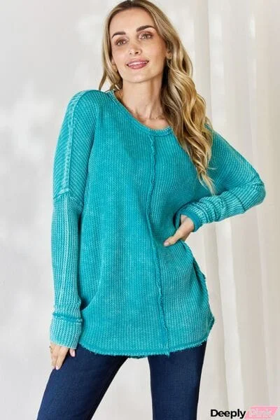 Zenana Oversized Washed Waffle Long Sleeve Top