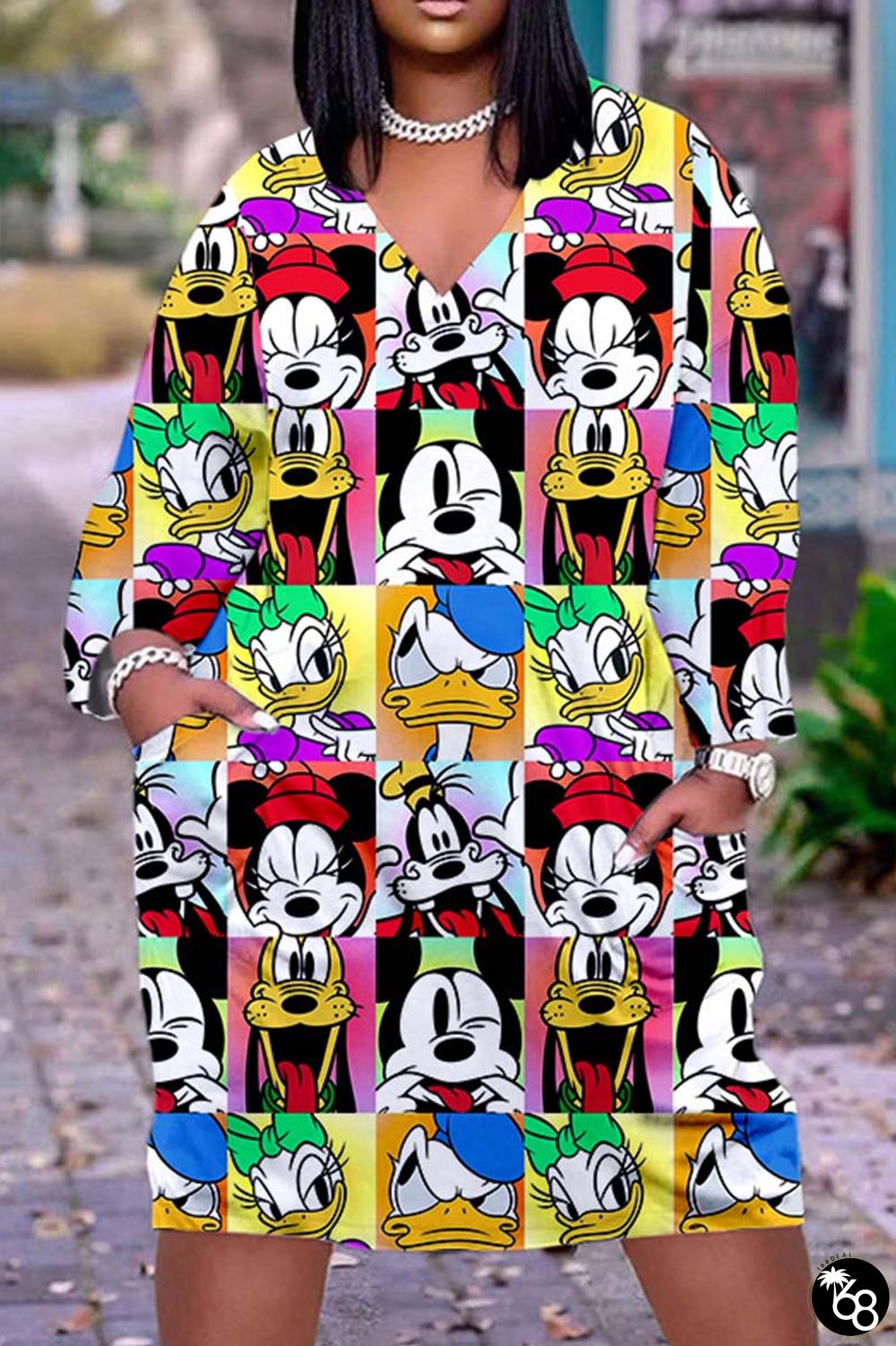 Multi-color Casual Cartoon Print Basic V Neck Long Sleeve Dresses | 168DEAL