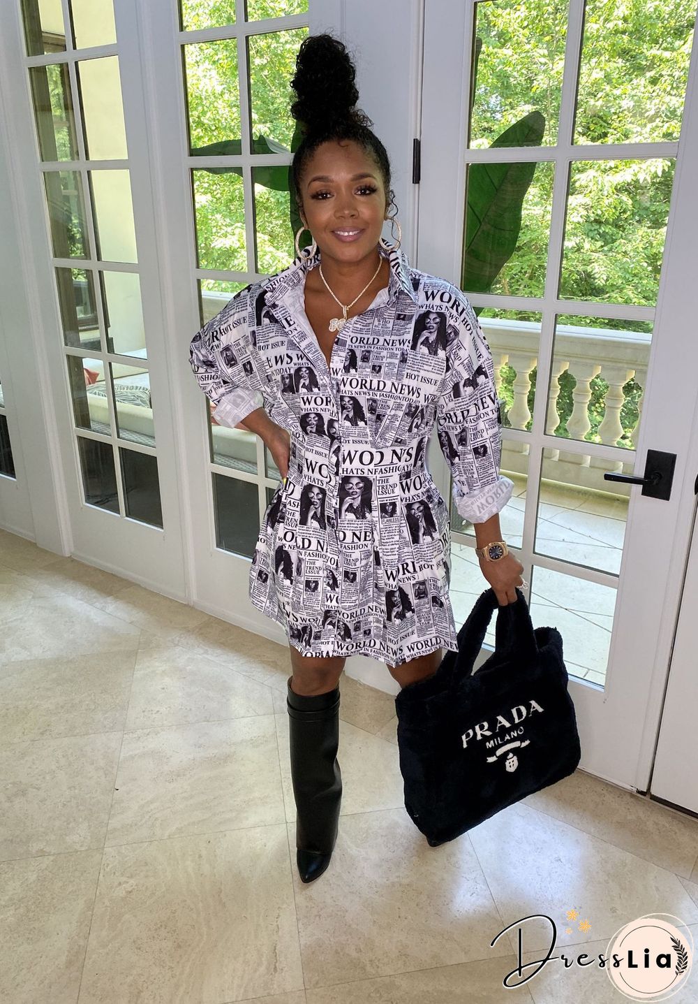 Fashion Newspaper Print Long Sleeve Women Turn Down Collar Button Up Streetwear Shirt Midi Dress