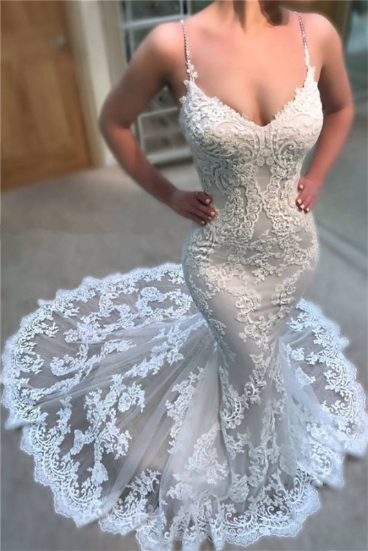 Charming V-Neck Long Mermaid Wedding Dress Spaghetti-Straps With Lace Appliques - lulusllly