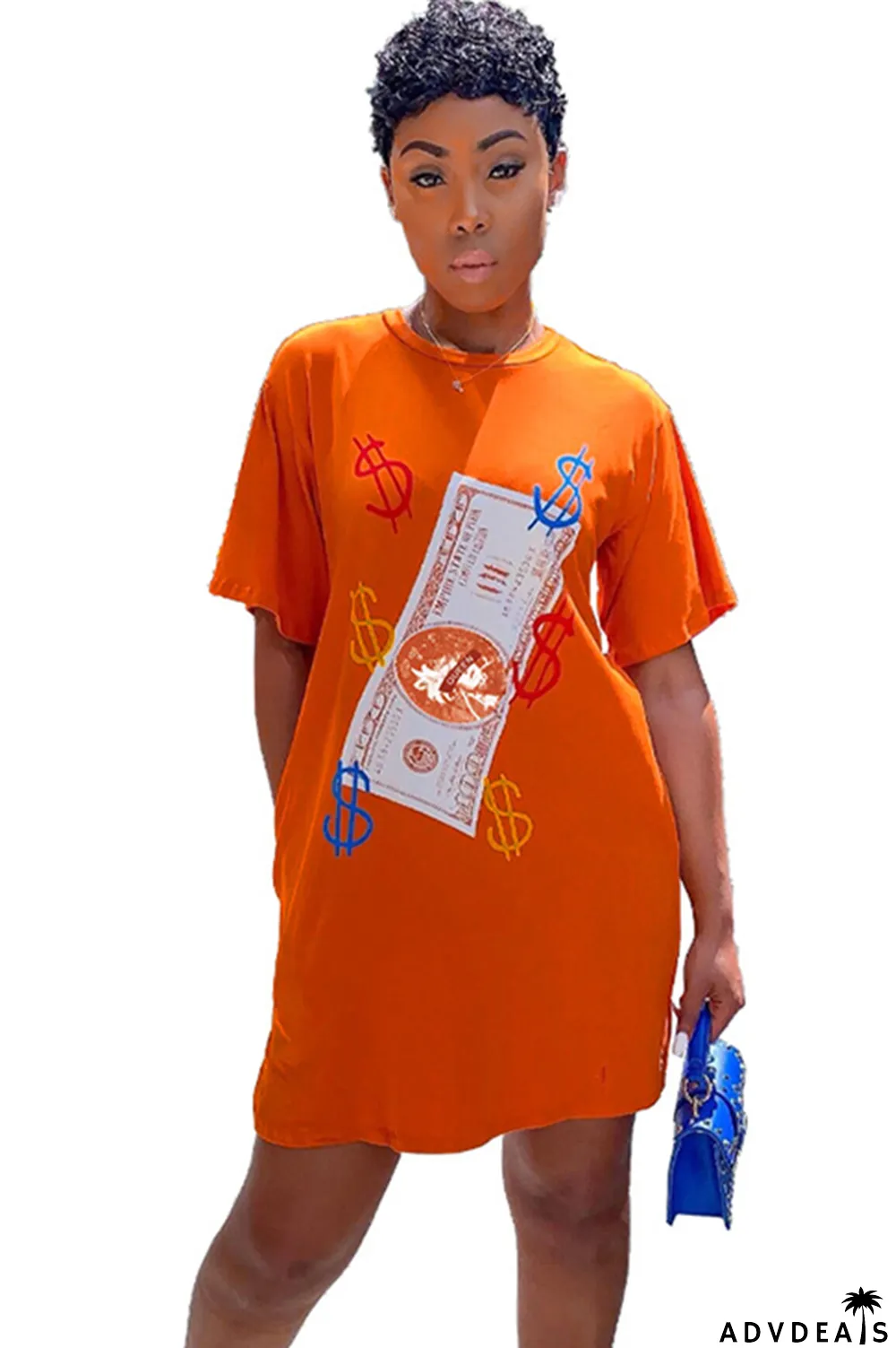 Orange Polyester Sexy Cap Sleeve Short Sleeves O neck Step Skirt Knee-Length Print