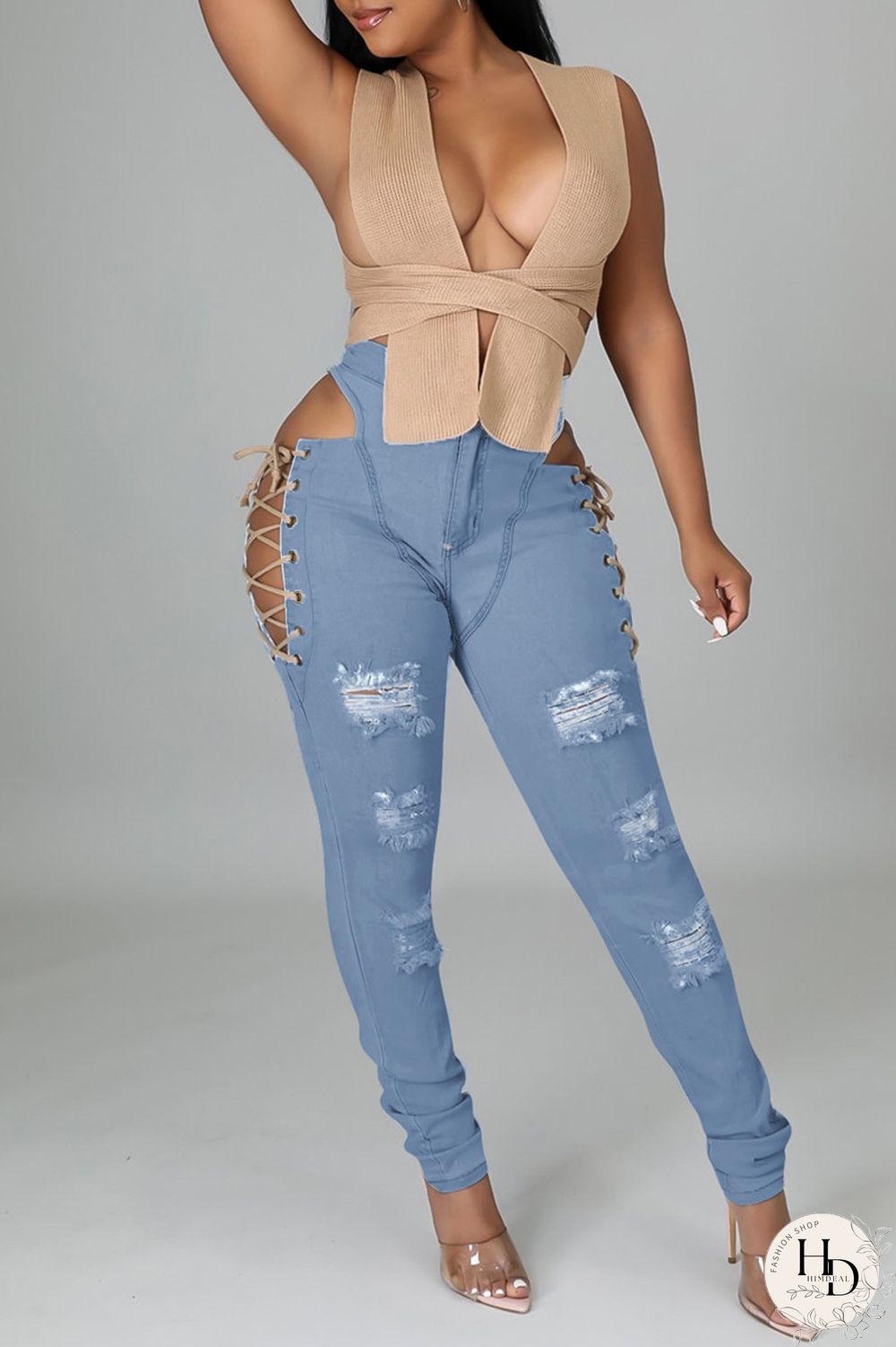 Baby Blue Fashion Casual Solid Ripped Bandage Hollowed Out High Waist Jeans
