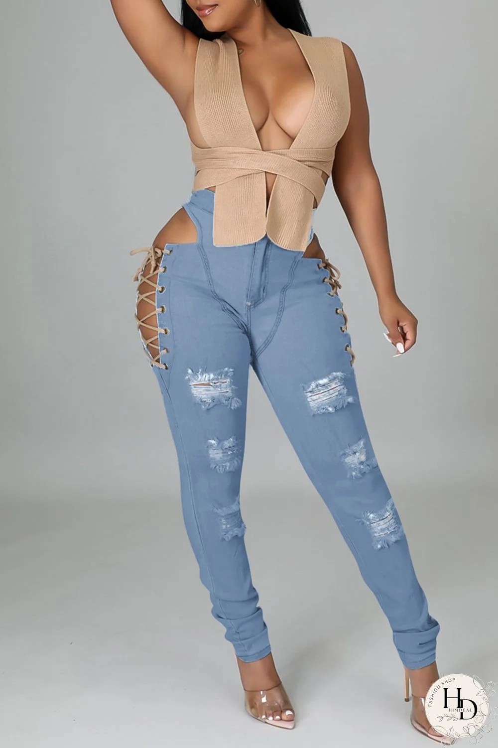 Baby Blue Fashion Casual Solid Ripped Bandage Hollowed Out High Waist Jeans