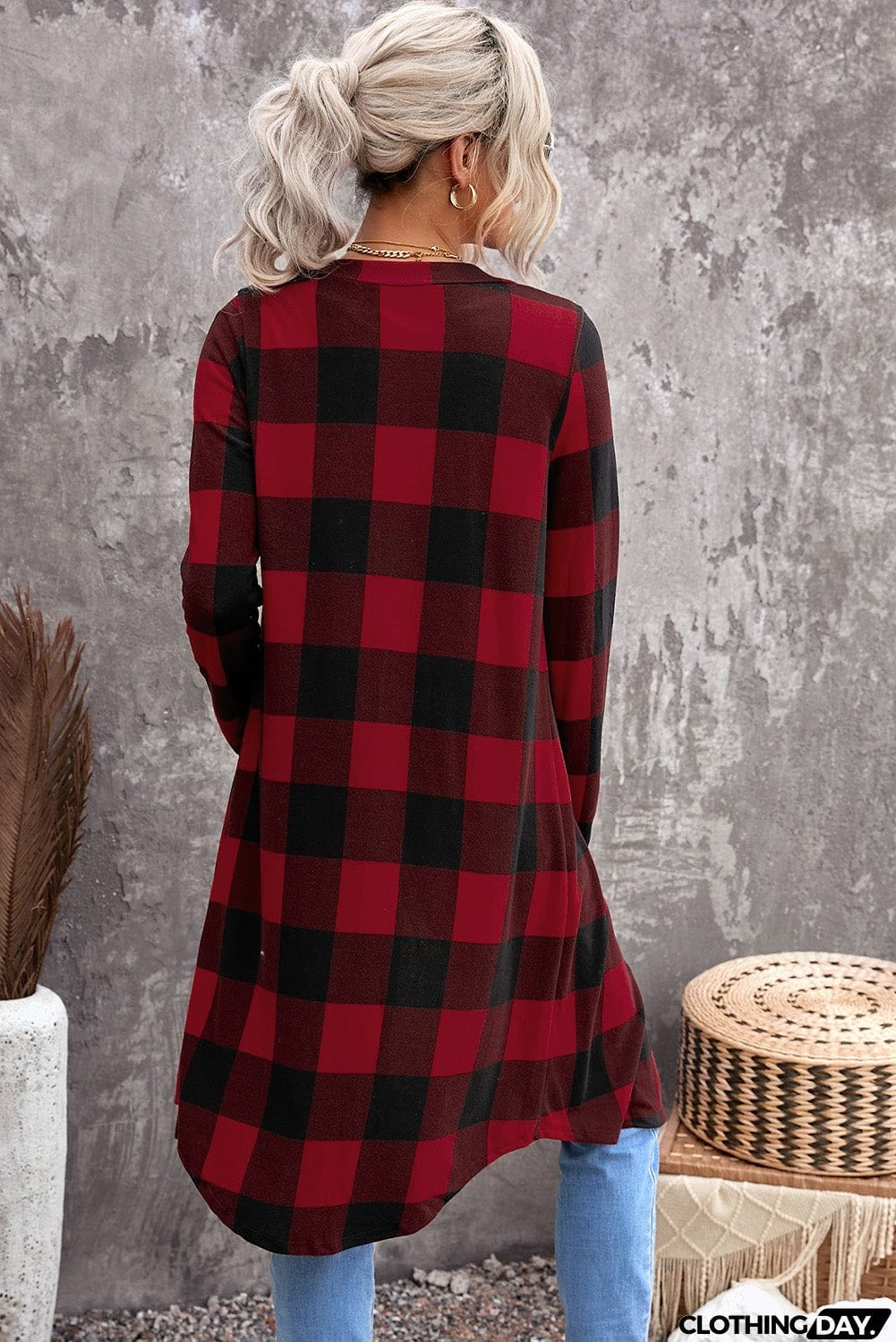 Classic Red Plaid Print Long Cardigan