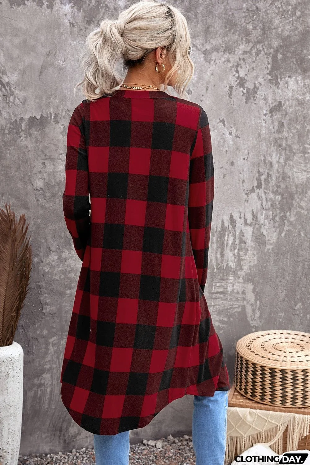 Classic Red Plaid Print Long Cardigan