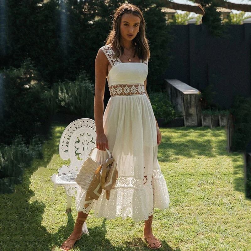 Ardm Fashion женское платье 2023 White Summer Dress Sexy Backless Lace Midi Dress Hollow Out Vintage Chic Party Dresses Vestidos