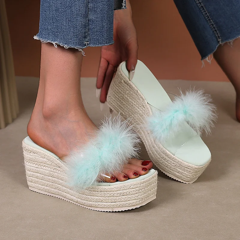 Wongn Wongn Slope With Thick Bottom High Heel A Word Drag Open-Toe Sandals Women's Wool Slippers Grass Hemp Rope Bottom