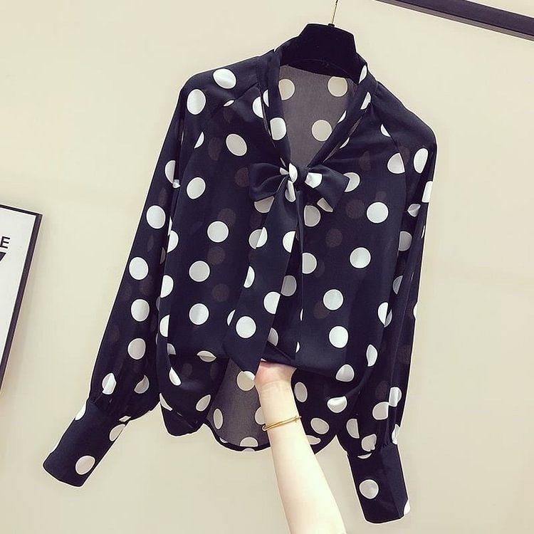 Spring Women Vintage Dot Pleated Loose Blouses Long Sleeve Casual Formal OL Tops Plus Size - Shop Trendy Women's Clothing | LoverChic