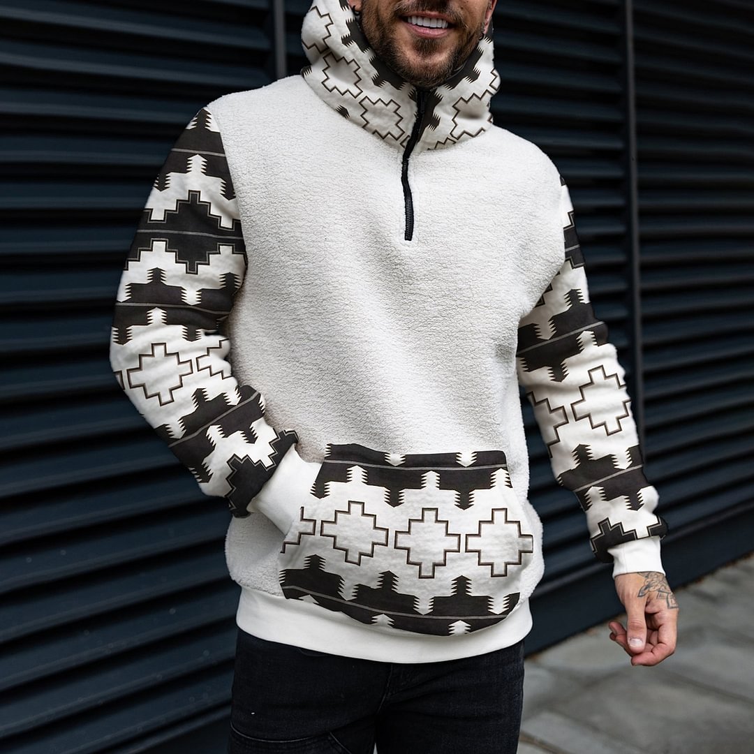 Men's Casual Geometric Print Sherpa Hoodie