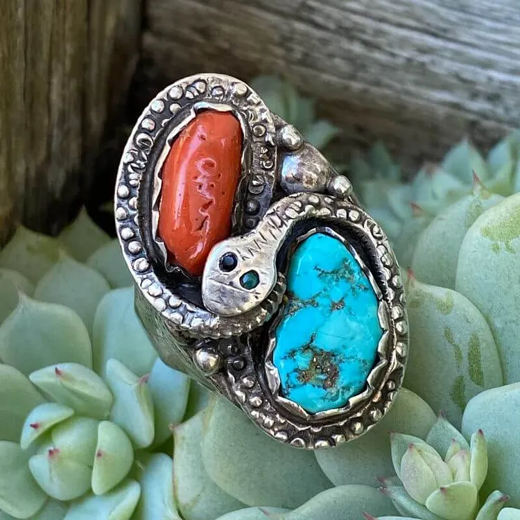 Zuni Sterling Silver Snake Ring by Mike Simplicio Turquoise Size 13