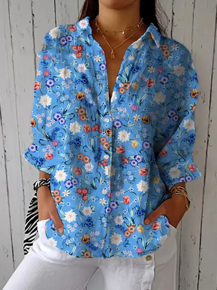 Women's Casual Cotton And Linen Vintage Floral Shirt