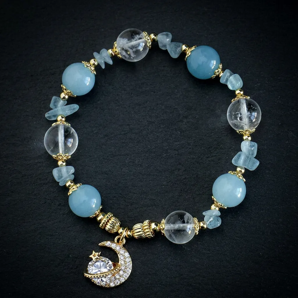 Celestial Serenity: Aquamarine & Clear Quartz Moonbeam Bracelet Celestial Azure & Moonbeam