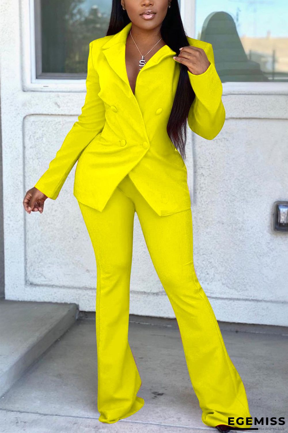 Yellow Fashion Casual Long Sleeve Turndown Collar Regular Sleeve Regular Solid Two Pieces | EGEMISS